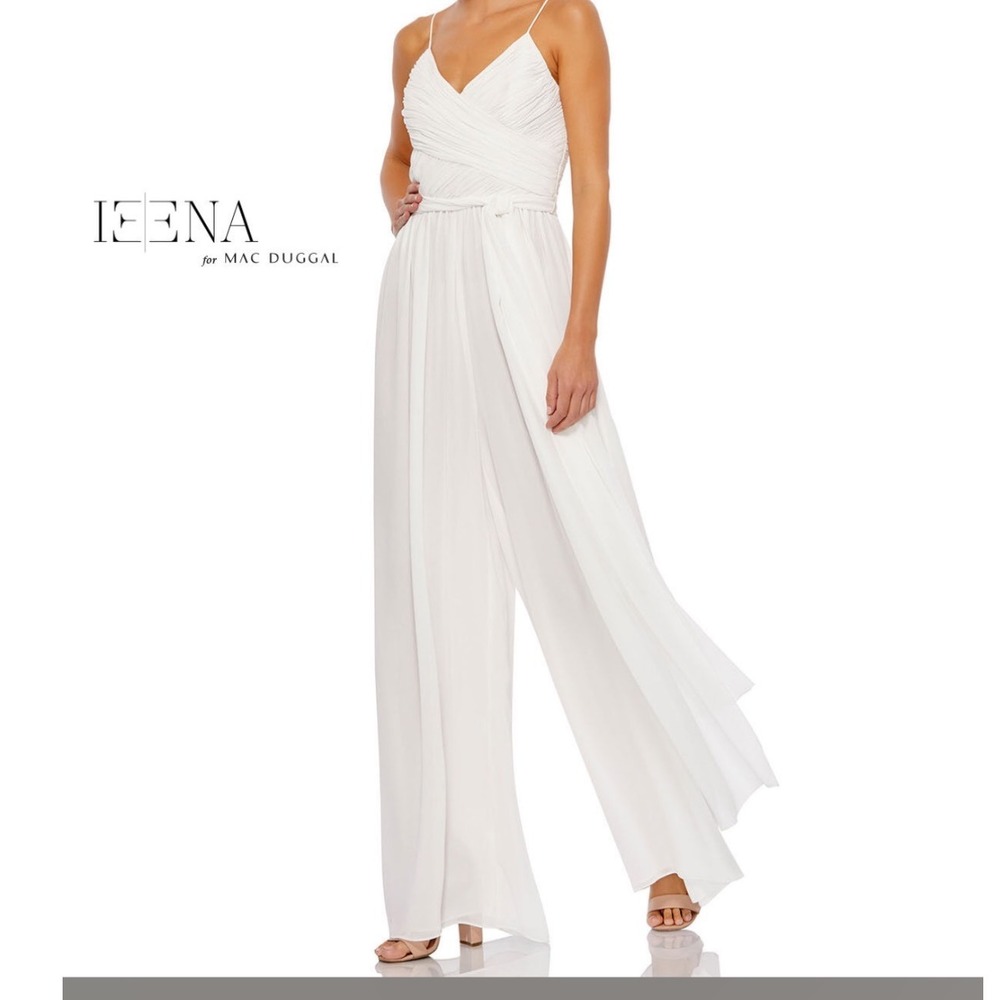 IEENA For MAC DUGGAL Long White Chiffon Formal Jumpsuit Evening Wear Size Large‎